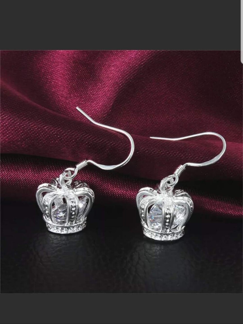 Hand Crafted Silver Crown Drop Earrings with Clear Crystals